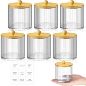 Yaomiao 6 Pcs Ribbed Bathroom Canisters Apothecary Jars with Golden Bamboo Lids and Label Stickers, 18 oz Plastic Canister with Fluted Design for Cotton Ball, Swab, Floss Picks House Storage