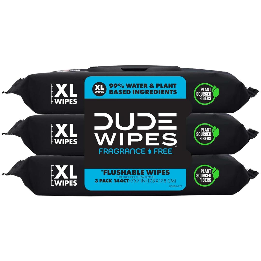 Dude Wipes Unscented Flushable Wipes - Extra-Large Adult Wet Wipes For Sensitive Skin - 3 Pack (144 Count) - Infused With Vitamin E And Aloe - Septic And Sewer Safe