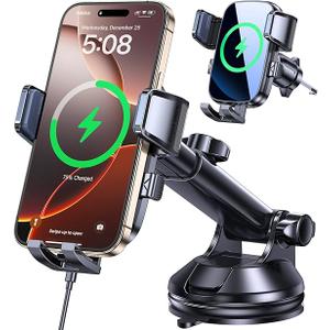 Coolpow Wireless Car Charger,15W Fast Charging for iPhone Wireless Charger【Military-Grade Stabilizing Arm Clamp】360° Adjustable Phone Holder Mount Car Phone Mount Charger for iPhone and Samsung Galaxy