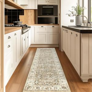 jinchan Hallway Runner Rug 2x8 Machine Washable Runner Rug Taupe Vintage Floral Design Non-Slip Ultra-Thin for Kitchen Laundry Room Bedroom Farmhouse (2x8',Taupe)
