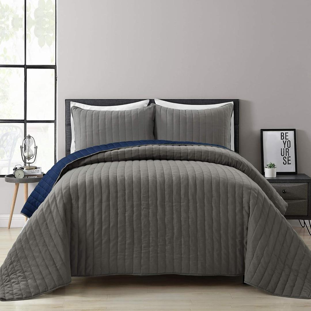 Lush Decor Soft Stripe All Season Reversible Quilt Queen Size 3 Piece Set Full/Queen Gray & Navy - Gray Bedding Set Queen Quilt - Blue Quilts