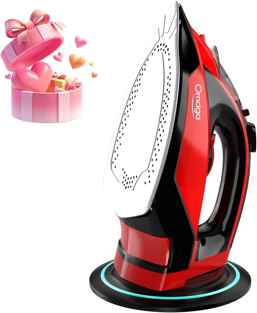 1500W Cordless Iron for Clothes, Wireless Steam Iron with Rapid Heating & Auto Shut Off, for Effective Wrinkle Removal (Red)