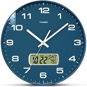 TIMESS Wall Clock, 10" Dial Non-Ticking Silent Battery Operated Analog with LCD Display for Perpetual Calendar and F° Temperature, Ideal Modern Home, Bedroom, Kitchen, Office Decor (Blue)