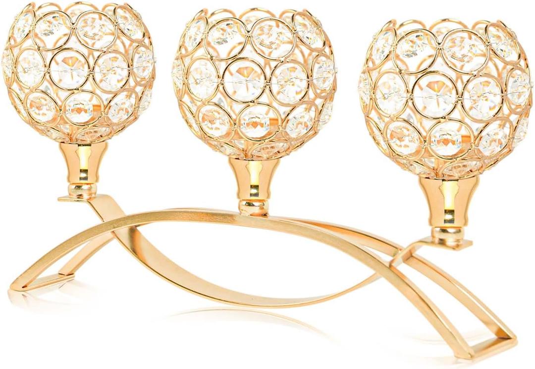 Crystal Tealight Candle Holder Centerpiece Home Decorative Candlestick Holder Elegant Table Centerpiece Home Decor Wedding Party Anniversary (Gold, 3 Arm)
