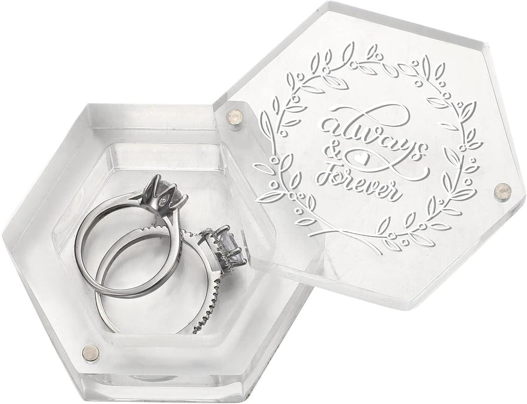 Karenhi Clear Hexagon Acrylic Wedding Ring Box - Romantic Engraved Bearer Box Holder for Ceremony Engagement Proposal Gift & Jewelry Storage