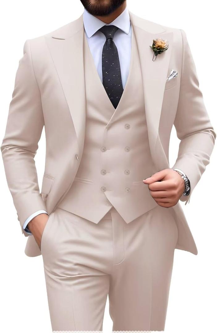 Mens Suit Slim Fit 3 Piece Double Breasted Beige Suit Men Formal Tuxedo Set Casual Wedding Groom Suits Large