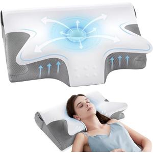 Effective Pain Relief Cervical Neck Pillow for Sleeping, Memory Foam Pillows for Neck Support, Odorless Contour Side Pillow, Ergonomic Bed Pillow for Back Stomach Sleeper (White and Grey), Size 22x15 inches