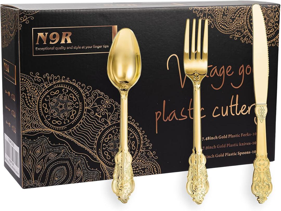 N9R 300pcs Gold Plastic Silverware Dinnerware Flatware- Heavyweight Plastic Cutlery Set, 100 Forks, 100 Spoons, 100 Knives, Gold Utensils for Party, Thanksgiving, Christmas