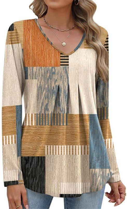 Misakia Women Long Sleeve Top V Neck Casual Shirt Loose Fit Fall Blouse Trendy Tunic Clothes 2025 (L)
