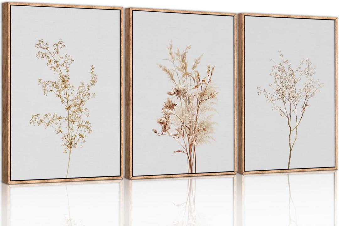 Ausril Wildflower Floral Framed Canvas Wall Art Set, Beige Botanical Wall Decor, Minimalist Nature Flower Wall Painting, Modern Boho Farmhouse Art Print for Living Room, Bedroom, Office- 16"x24"x3 (16*24inch)