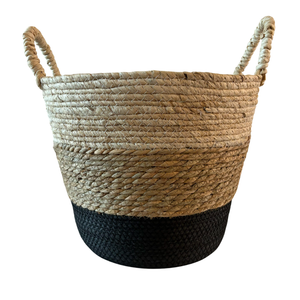 Round Wicker Table and Floor Baskets - Beige and Black - Set of 3