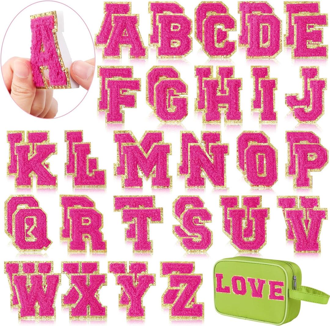 WILLBOND 52 Pcs Chenille Letter Patches A-Z, Self Adhesive Alphabet Patches for Clothes, Bags, Hats DIY, Name Craft & Personalized Best Mom Groovy Wedding Gifts(Rose Red,2.2 Inch)