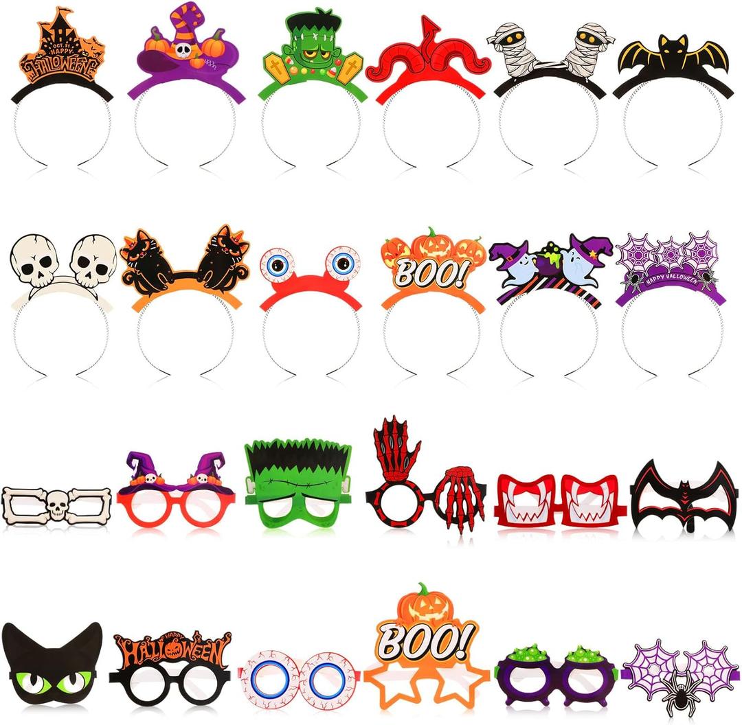 24 Pcs Halloween Glasses & Headbands Set - Adult Funny Glasses: Pumpkin, Spider, Bat, Witch, Ghost Paper Party Eyeglasses for Decoration & Party Favor Accessories