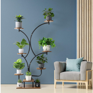6 Tier Tall Plant Stand Indoor, Metal Wood Flower Shelf for Multiple, Corner Tiered Plants Shelf, S-Shaped Plant Rack for Patio Garden Living Room Outdoor Yard Balcony Bedroom, Rustic Brown