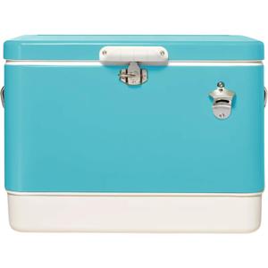 FSE Hard-Sided 54 Qt. / 80 Can Metal Cooler, Two-Tone Gray Camo and Black, Durable Outdoor Beverage Cooler with Latch Closure, Plastic Lining, Side Handles, Portable Tailgating and Camping Ice Chest (Pacific Blue)