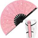 Raveahem Glitter Large Rave Folding Clack Hand Fan with Holster for Men/Women Handheld Fan for EDM,Festival,Club,Party,Dance (Pink)