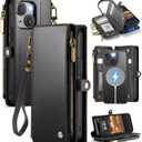 Defencase for iPhone 15 Magnetic Wallet Case Compatible with Magsafe with RFID Blocking Zipper & Card Holder for Women Men, PU Leather Strap Detachable Phone Case for iPhone 15 (6.1 inches), Black