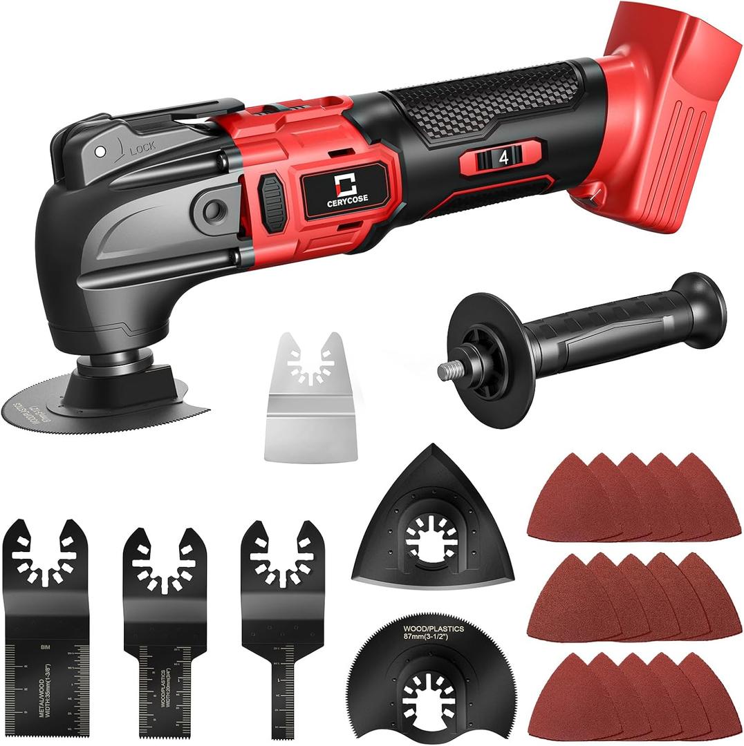 Cerycose Cordless Oscillating Tool Compatible with Milwaukee 18V Battery, 21000 OPM Max Brushless-Motor Tool with Auxiliary Handle, Oscillating Multi-Tool for Scraping, Sanding,Cutting Wood(Tool only) (Red)