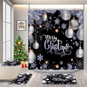Christmas Bathroom Decor Set with Shower Curtain, Rug, Toilet Lid Cover & Mat  Snowman and Tree Design  Red Holiday Bathroom Set  Waterproof Fabric Curtain with Hooks  Festive Xmas Decoration (Hohoho)