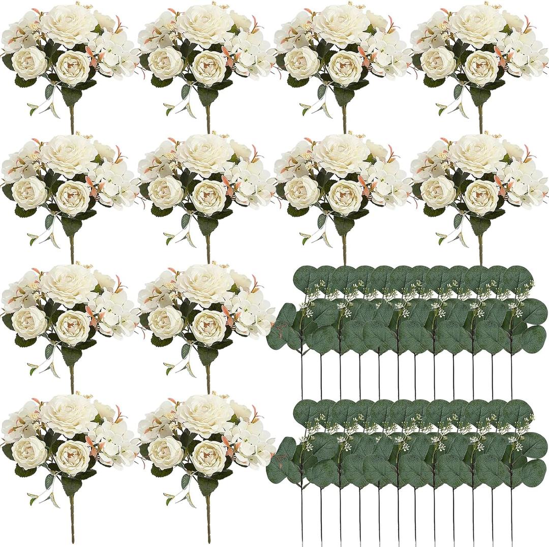 Peony Artificial Flowers, Faux Peonies Hydrangea Eucalyptus Bouquet 12 Packs Silk Vintage Realistic Peony Floral Arrangement for Wedding Centerpiece Table Vase Home Party Decor-Ivory White