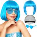 Sky Blue Short Bob Straight Hair Wigs with Bangs, 11inch Synthetic Heat Resistant Fiber Colorful Hair, Neon Heart-shaped Sunglasses and Wig Cap for Women, 80s 90s Costume, Halloween, Dress Up