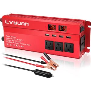Yinleader Car Power Inverter 1000W/2000W(Peak) DC 12V to 110V AC Converter with Intelligent LED Display 4 AC Outlets 4 USB Charger for RV Caravan Truck Laptop(Red)