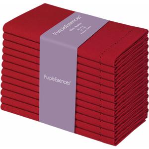 PurpleEssences Set of 12 Hemstitch Cloth Dinner Napkins 100% Cotton - Soft Durable Washable - Ideal for Wedding Spring Easter Summer - Perfect Everyday Use Table Linen 18x18 - Red
