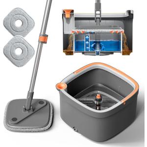KZKR Spin Mop and Bucket Set with 2 Replaceable Microfiber Mop Pads with Self Separation Dirty and Clean Water System, Self Wringing 360 Rotating Square Mop Head for Hardwood Tile Marble Floors