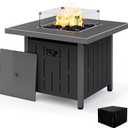 SERWALL 33" Outdoor Fire Pit Table, 50,000 BTU Square Propane Fire Pit Table with Lid, Glass Rock & Glass Wind Guard, HDPE Outdoor Furniture for Patio, Garden, Backyard, Black