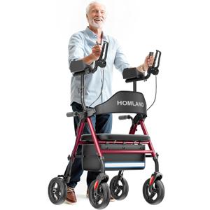 Upright Walkers for Seniors, Stand Up Rollator Walker with Adjustable Padded Armsupport & Seat, Folding Rolling Walker with 8'' Wheel Suitable for All Terrain, Red