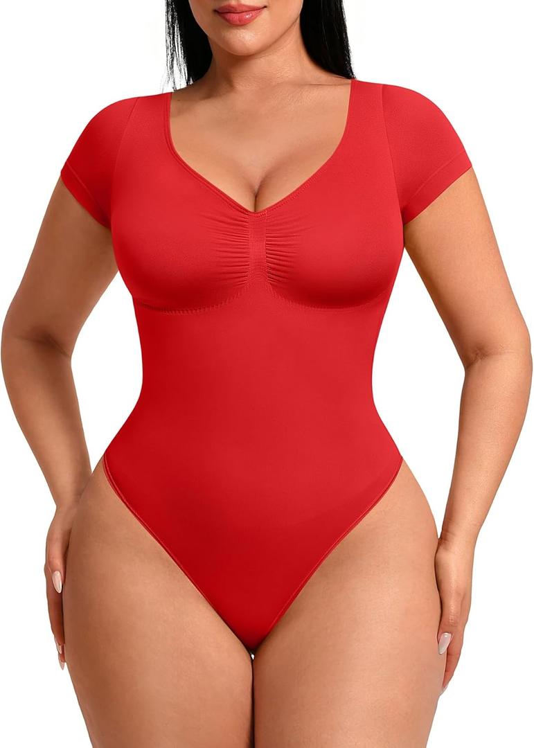 FeelinGirl Short Sleeve Bodysuit for Women V Neck Tummy Control Shapewear Seamless Thong Body Suits Tops (Red, XL)