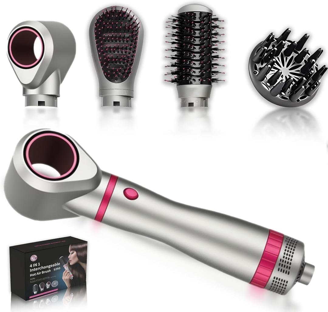 4-in-1 Detachable Blowout Brush - Negative Ionic Hot Air Styler with 4 Brush Heads for Drying, Volumizing, Curling & Straightening with ALCI Safety Plug, 3 Heat Settings