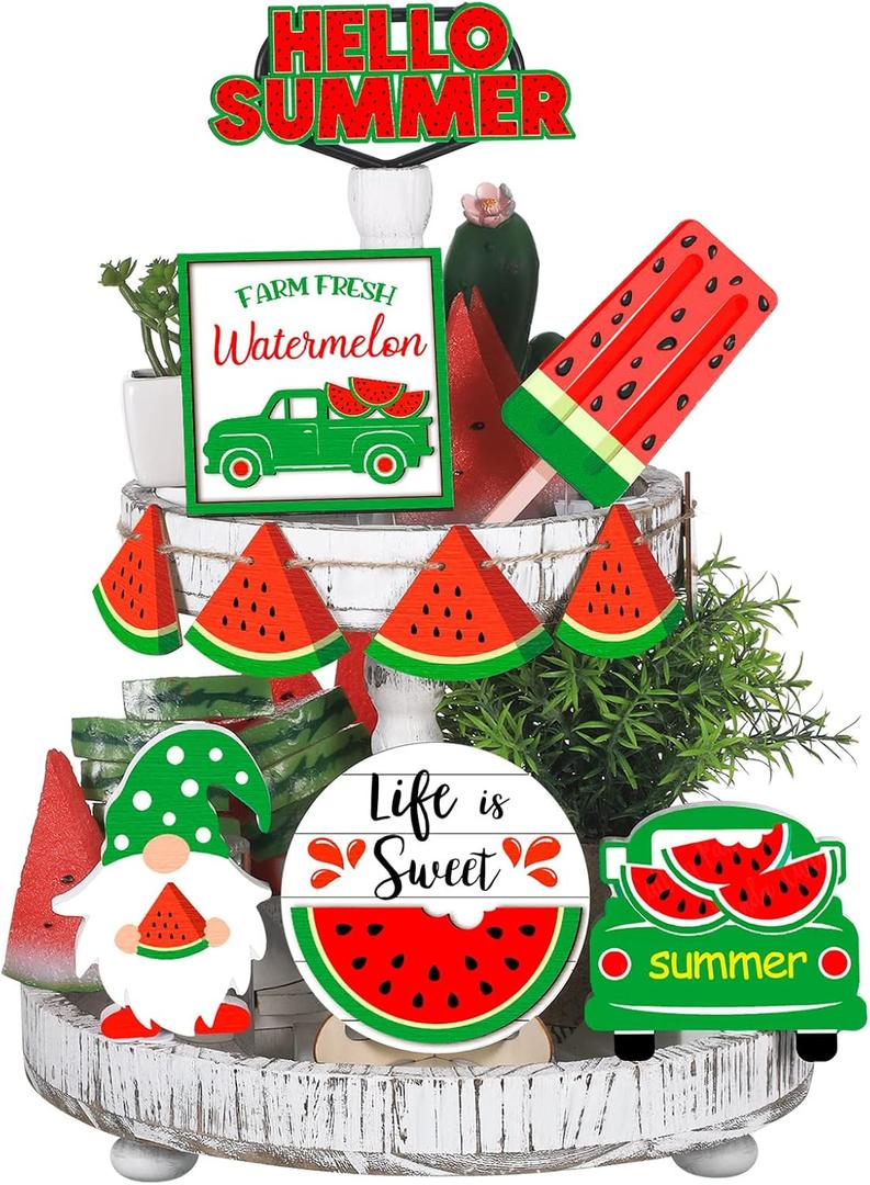 Yalikop 11 Pieces Summer Hawaii Tiered Tray Decor Set Summer Wood Sign Beach Sunshine Tiered Tray Decorations for Beach Home Table Shelf(Watermelon Style)