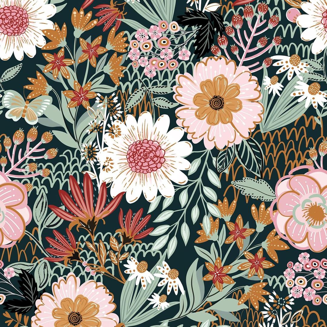 Sevalo Floral Peel and Stick Wallpaper Boho Flower Contact Paper for Cabinets and Drawers Botanical Large Floral Wall Paper Self-Adhesive Removable Wallpaper Bedroom Colorful Decor 17.3inW 197inL
