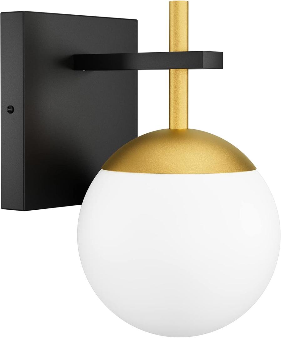 Ralbay Black Gold Wall Sconce, Mid Century Modern Wall Lighting Fixtures Milky Glass Indoor Wall Lamp for Home Decor Bathroom Kitchen Living Room Vanity Hallway