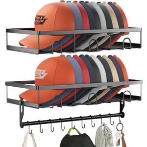 fanado Metal Hat Rack for Wall, Each Hat Organizer for Baseball Caps Fit 20 Caps Holder with 10 Hat Hanger, 2 Pack Wall mounted Hat storage holder display, Black