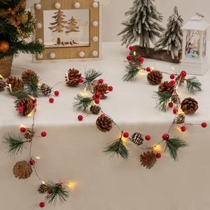 6.6 FT Prelit Christams Garland with Lights, 20 LED Lights, Battery Operated, Pineneedle, Red Berries, Red Bell, Pine Cones, Lighted Christmas Garlands Decor for Mantle Stairs Wall