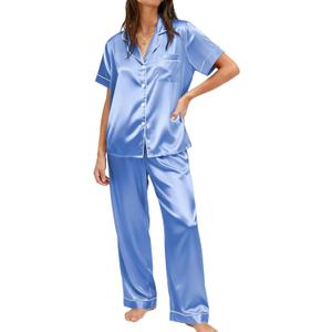 Ekouaer Womens Silky Satin Pajamas Set Short Sleeve Button Down Sleepwear 2 Piece Lounge Set Pj Set (X-Large, Blue)