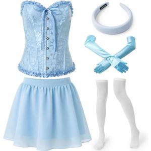 Halloween Adult Princess Costume Set Include Corset Tiara Puffy Mini Skirt Long Satin Gloves Knee High Socks (X-Large, Blue)
