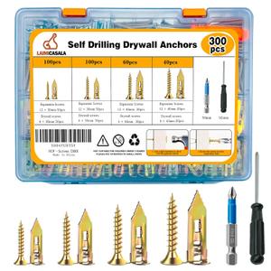 300PCS Self Drilling Drywall Anchors with Screws Kit, Wall Anchors for Drywall, Heavy Duty Metal Expansion Bolts, Sheetrock Anchors & Zinc Plated Steel Expansion Screws,No Drill Needed for Shelf, etc