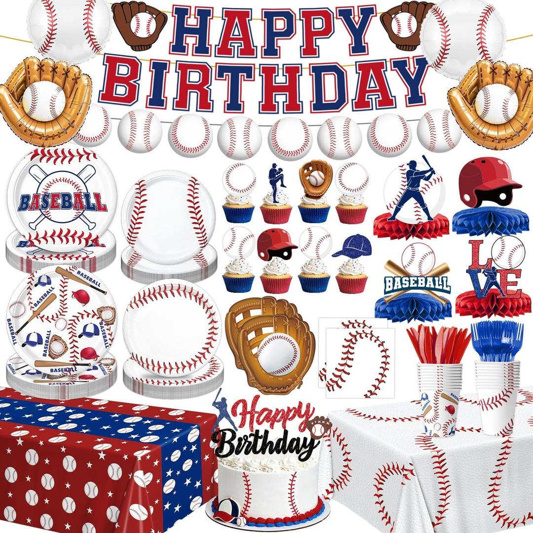 Baseball Birthday Decorations Set Includes Plates, Napkins, Cups, Cutlery, Toppers, Banner, Hanging Swirls, Tablecloths, Honeycomb Centerpieces, Foil Balloons for Baseball Party Decorations, Serves 24