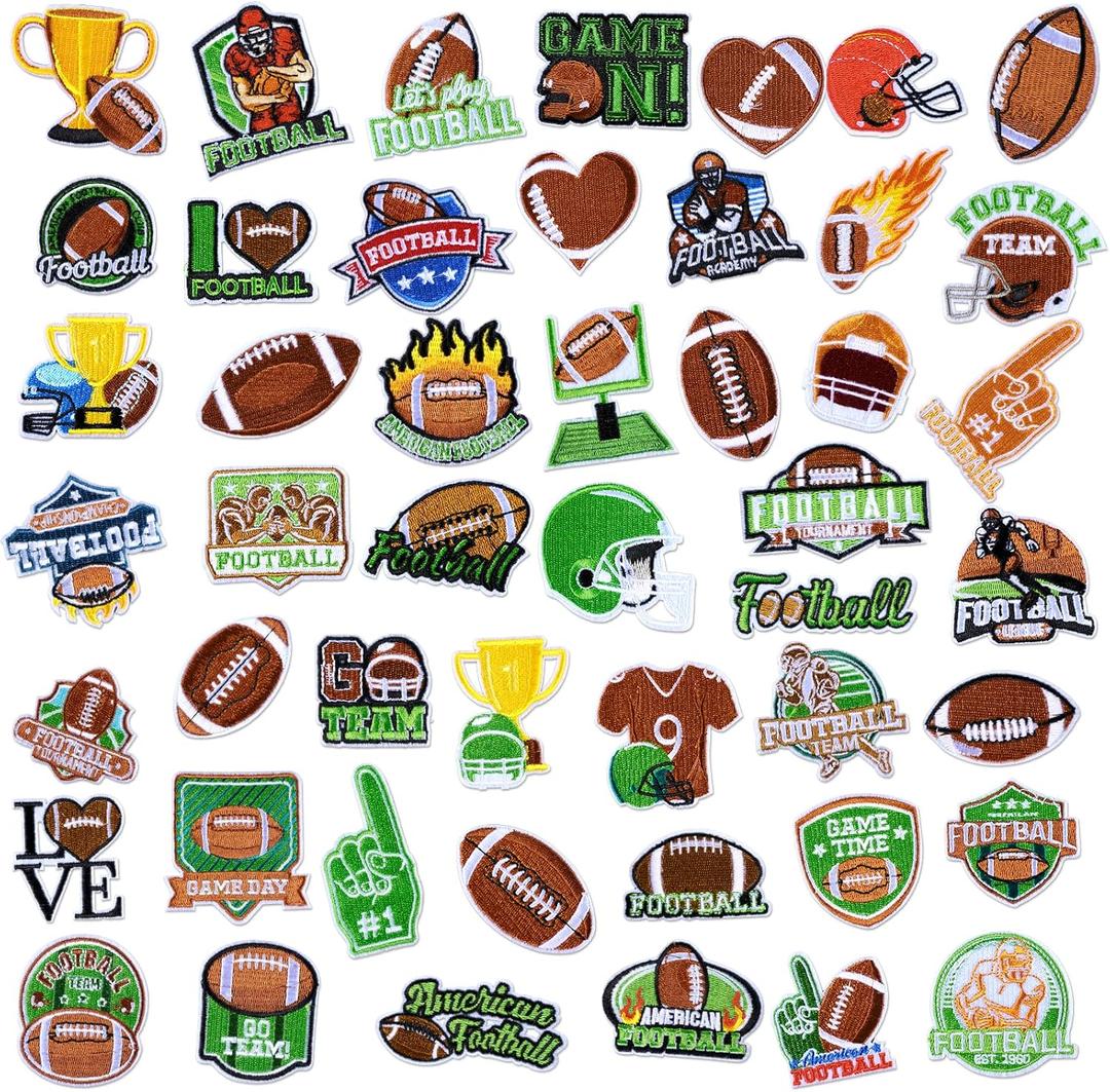 Tigeen 48 Pcs Football Patches Iron on Sports Ball Chenille Iron on Patches Bulk for Hats Clothes Pants Jeans Sew on Applique DIY Accessory