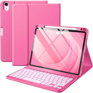 Compatible for iPad Air 11 Inch/Air 5th 4th Generation Case with Keyboard - Folio Keyboard Cover with Pencil Holder for iPad Air 11-inch M3/M2 (2025/2024), Air 5/Air 4 (Hot Pink)