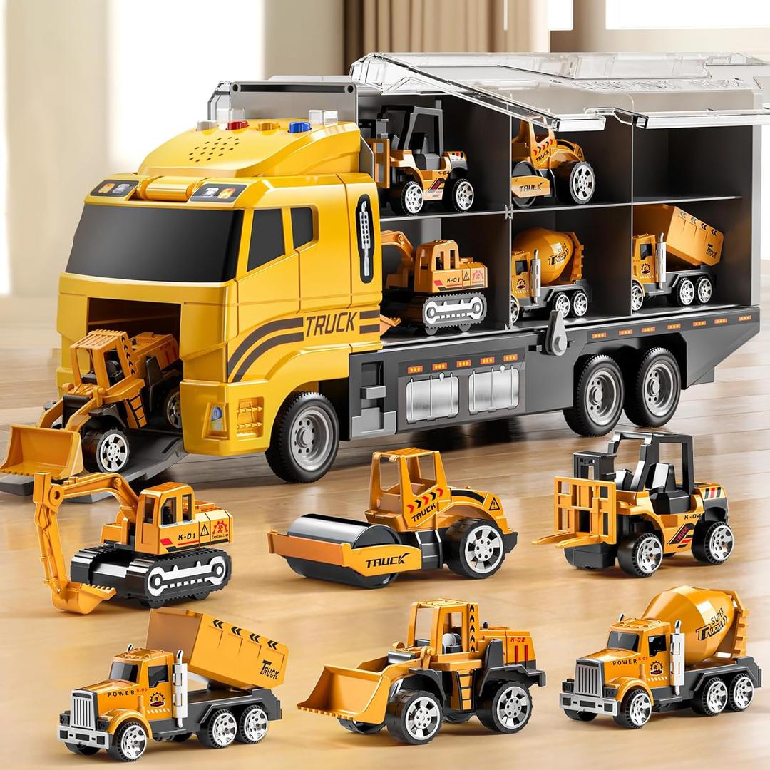 Toddler Boys Construction Truck Vehicle Toy Set with Play Mat and Die-Cast Toy Car, Transport Carrier Truck for Kids 3-5, Birthday Gifts Toys for 3-8 Year Old Boys