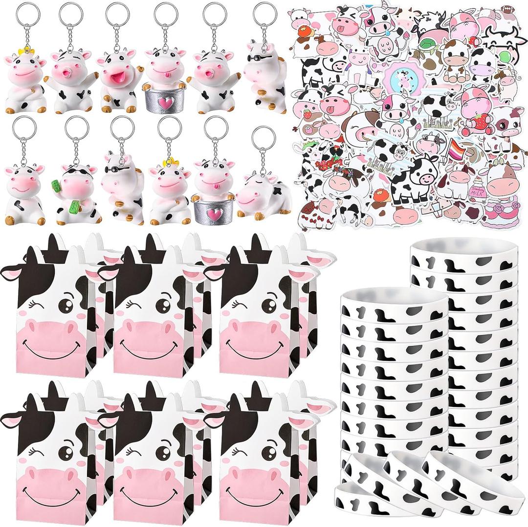 Fumete 86 Pcs Cow Party Favors Supplies Include Cow Keychain Party Paper Bags Keychains Cow Silicone Bracelets Vinyl Stickers for Girls Kids Baby Shower Treat Goodie Birthday Supplies