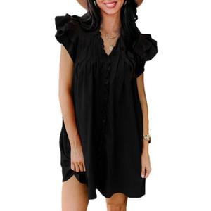 AlvaQ Womens Summer Dresses 2025 V Neck Ruffle Cap Short Sleeve Mini Dress Casual Flowy Pleated A Line Sundress with Pockets (Pink, XL)