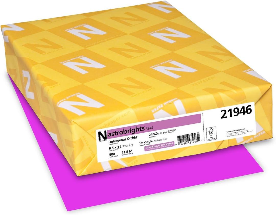 Neenah Paper Astrobrights Color Paper, 8.5 x 11, 24 lb/89 gsm, Outrageous Orchid, 500 Sheets (21946)