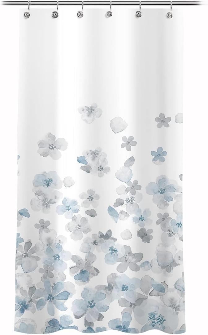 Sunlit Design 36 x 72 Inches Blue and Gray Small Stall Shower Curtains RV Half Size Narrow Bathroom Curtains Simple Style Flower Blossoms Bathroom Decor with White Background