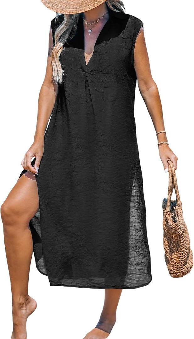 CUPSHE Women's Bathing Suit Cover Up Casual Sleeveless Side Split Long Cardigans Midi Beach Dress Black, M