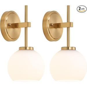 Gold Battery Operated Wall Sconce Set of 2, Wireless Rechargeable Sconces Wall Lighting with Remote Control, LED Dimmable Wall Lights with Opal White Glass Shade, 12 Colors RGB & 3 CCT Bulb